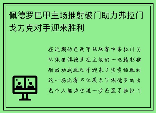 佩德罗巴甲主场推射破门助力弗拉门戈力克对手迎来胜利